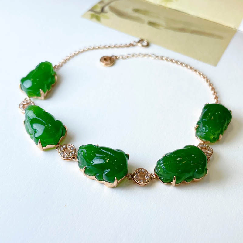 年货节天然和田玉手链女菠菜绿碧玉貔貅镶18k金手串a货送领导长辈