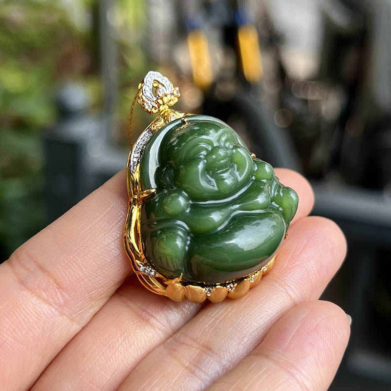 春夏季上新天然和田玉吊坠女猫眼碧玉弥勒佛镶18k金挂件a货送妈妈