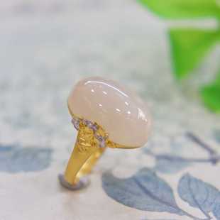 618活动天然和田玉戒指藕粉白玉鸽子蛋首镶嵌18k金指环送老婆礼物