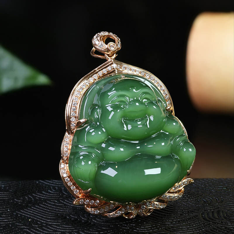 圣诞礼物天然和田玉吊坠女a满钻猫眼碧玉弥勒佛镶18k金挂件送妈妈