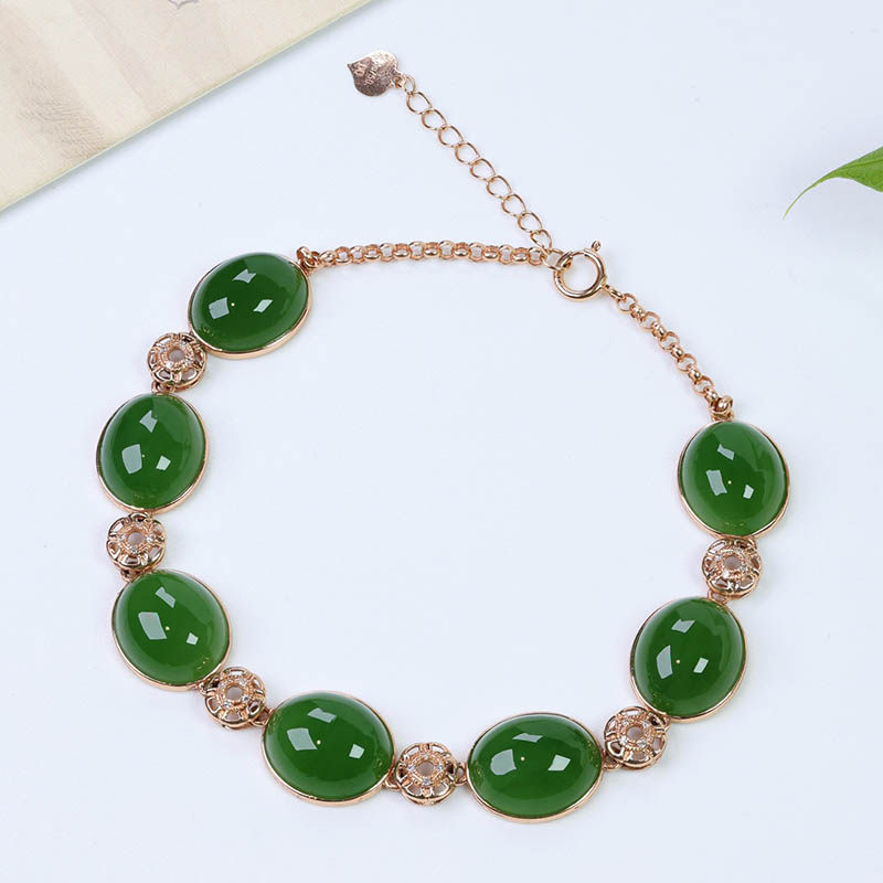 春节不打烊天然和田玉手链女a货菠菜绿碧玉蛋面镶18k金手串送领导