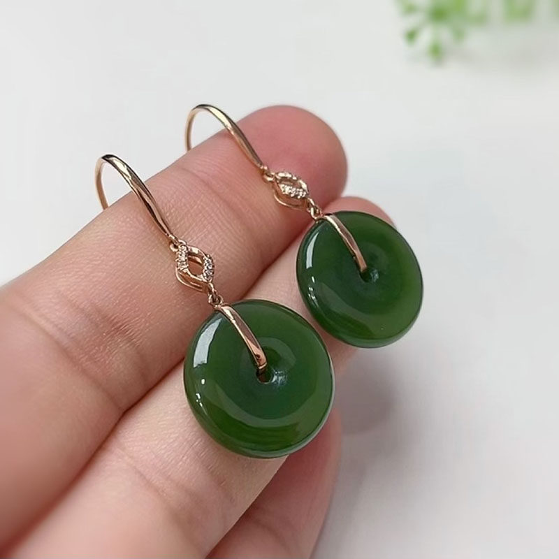春夏季礼物天然和田玉耳坠女老菠菜绿碧玉平安扣镶嵌18k金耳环a货