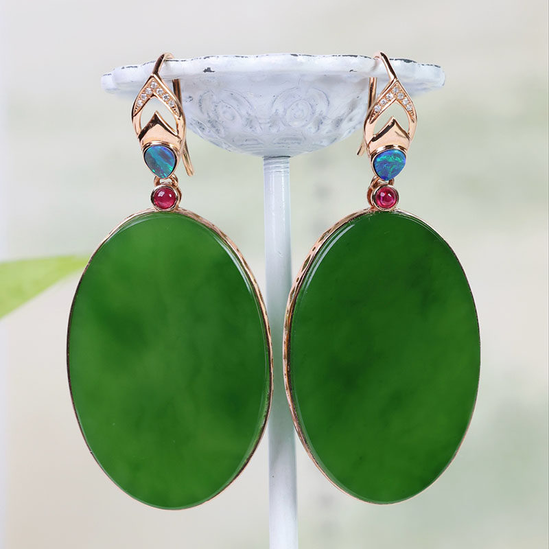 五一物理天然和田玉耳坠女a货菠菜绿碧玉圆牌镶嵌18k金耳饰送妈妈