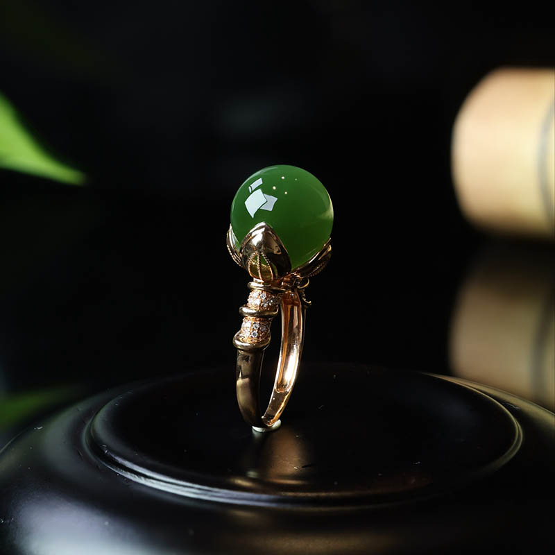 双十一特惠天然和田玉戒指女猫眼碧玉圆珠镶嵌18k金指环a货送老婆