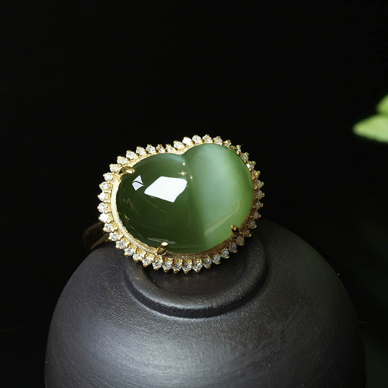 38焕新季和田玉戒指女绿猫眼碧玉爱心镶嵌18k金指环a货送领导夫人