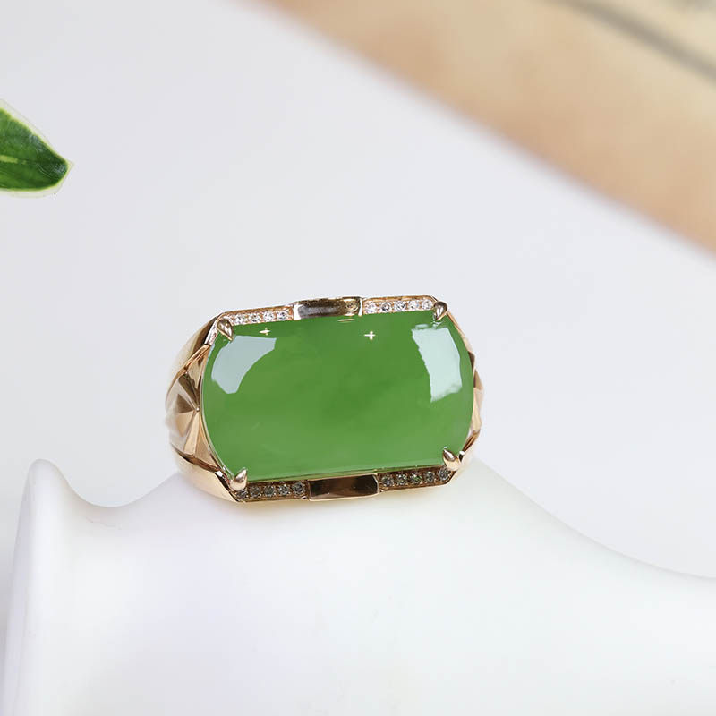 秋季礼物天然和田玉戒指男a苹果绿碧玉马鞍镶18k金扳指封底送爸爸