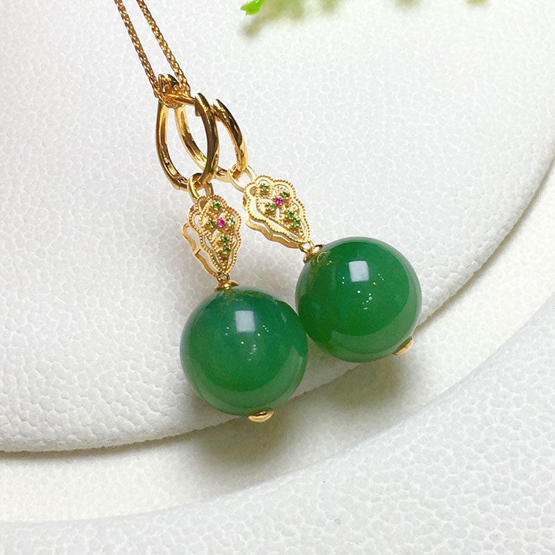 五一天然和田玉耳坠女a正宗菠菜绿碧玉圆珠镶18k金耳环耳扣送妈妈