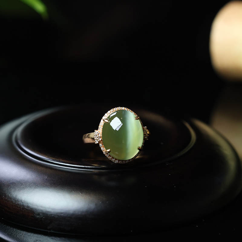 双十一特惠天然和田玉戒指女a货冰猫眼碧玉蛋面镶18k金指环送老婆