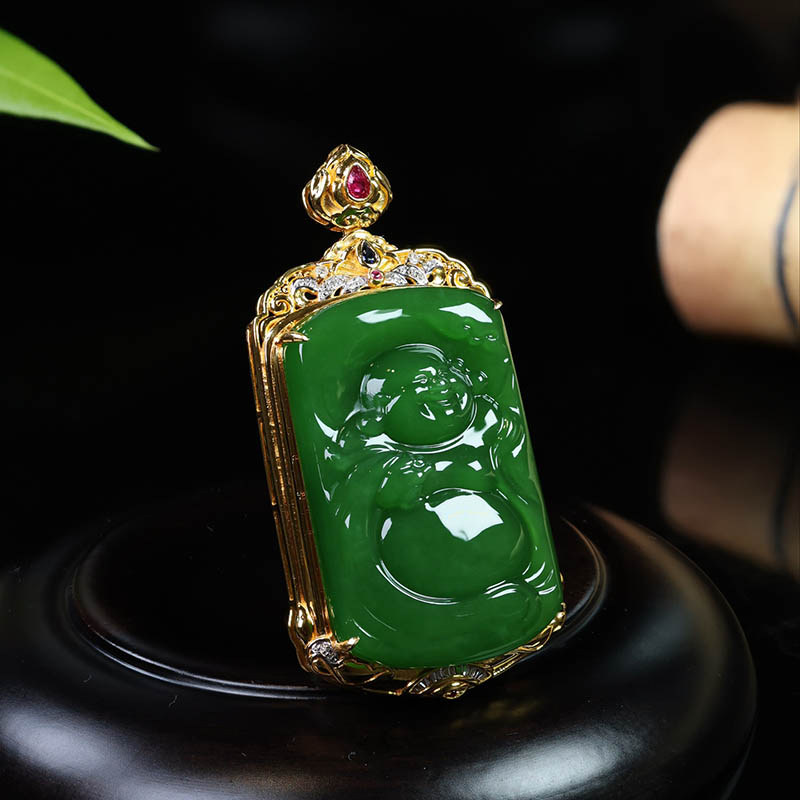 双十一特惠天然和田玉佛吊坠a菠菜绿碧玉弥勒佛镶18k金挂件送妈妈