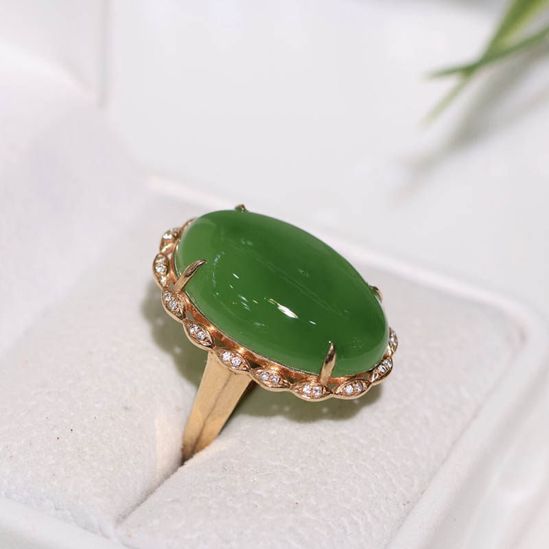 双十二圣诞天然和田玉戒指a满钻苹果绿碧玉蛋面镶18k金指环送老婆