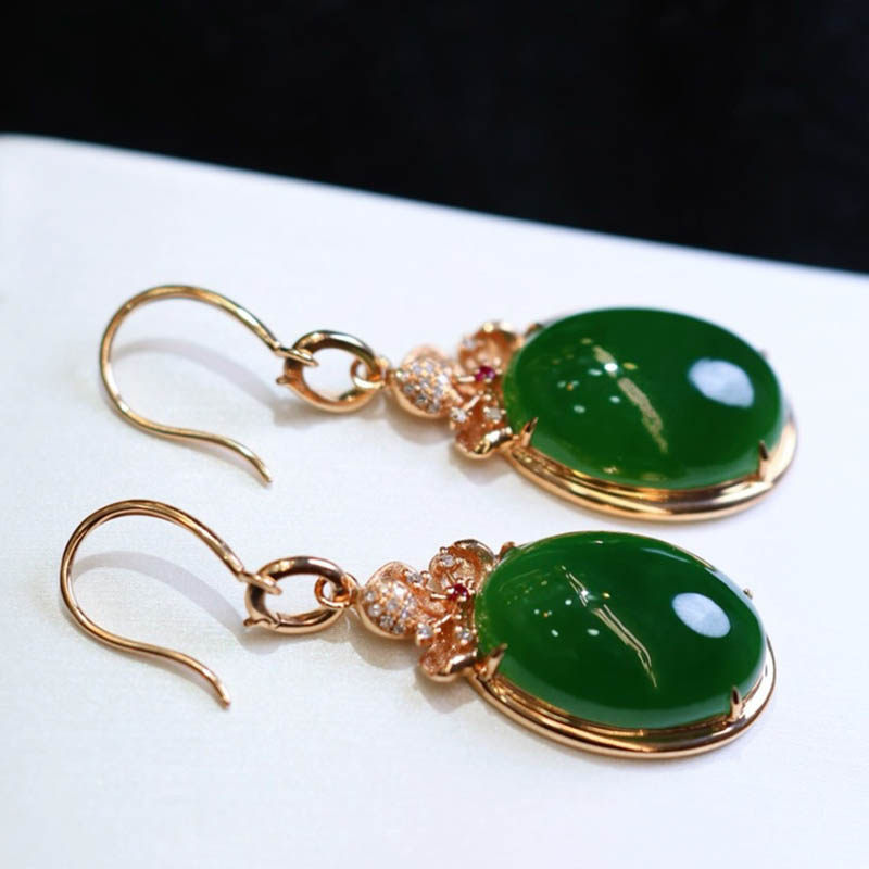38焕新季和田玉耳环女菠菜绿碧玉蛋面镶18k金耳坠吊坠2用款送老婆
