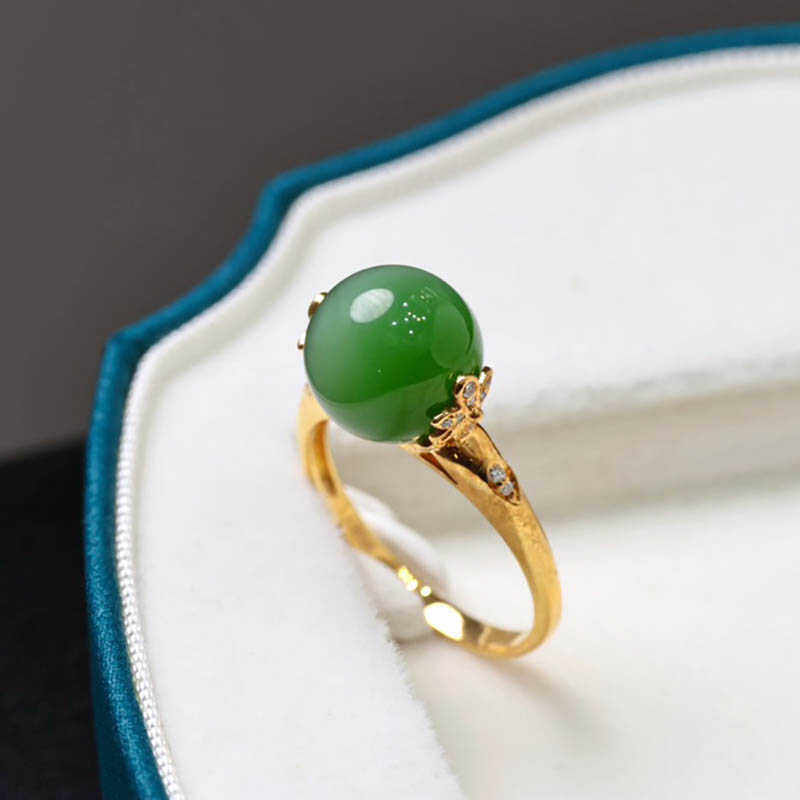 中秋礼物天然和田玉戒指猫眼碧玉圆珠镶嵌18k金指环女a玉石送妈妈