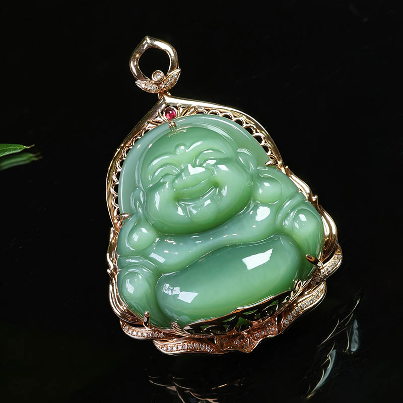 双十二天然和田玉笑佛吊坠女a冰种猫眼碧玉弥勒佛镶18k金挂件送妈
