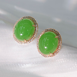 焕新季天然和田玉耳钉女a苹果绿碧玉蛋面镶嵌18k金耳坠送老婆闺蜜