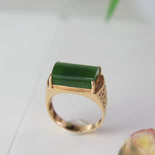 暑期天然和田玉碧玉戒指18K黄金镶嵌男a货新疆玉石马鞍男士金镶玉