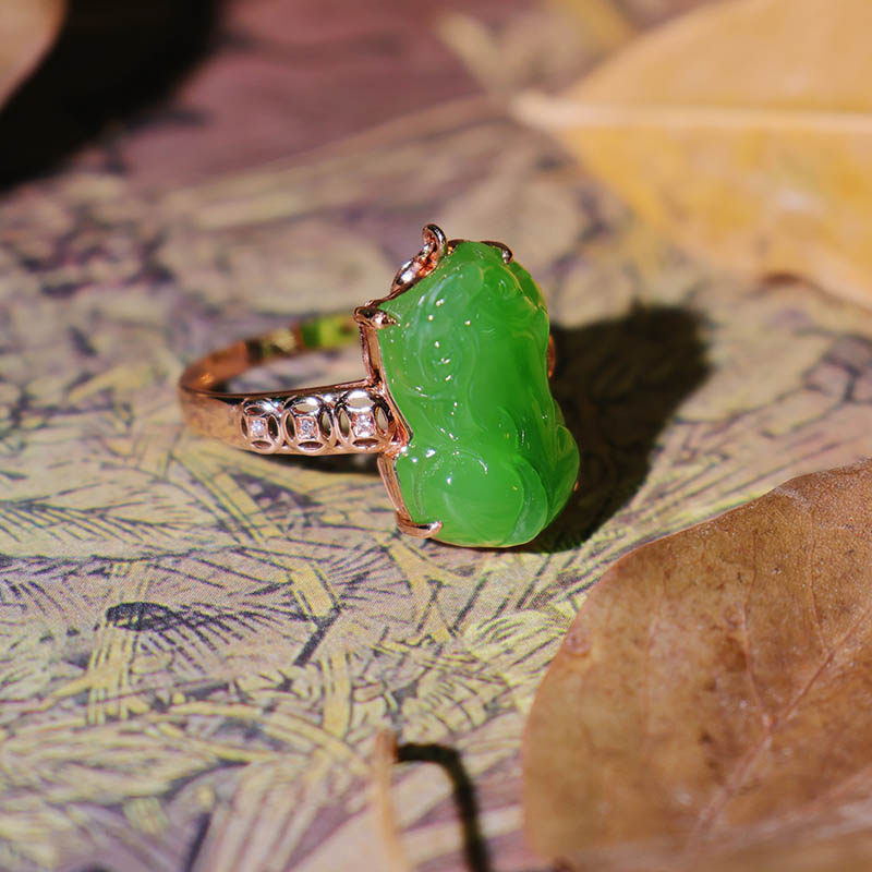 38焕新季天然和田玉戒指女苹果绿碧玉貔貅镶嵌18k金指环a货送领导