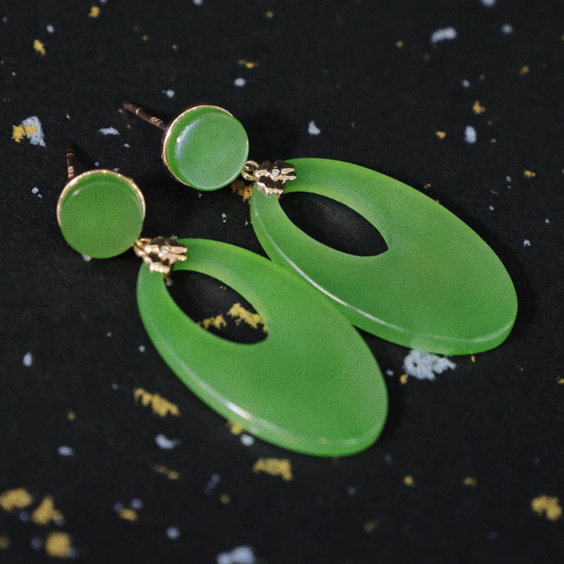 春夏季天然新疆和田玉耳环女菠菜绿碧玉圆牌扣镶18k金耳坠送领导