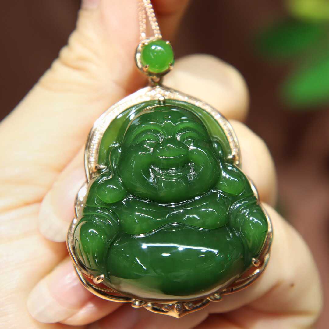 母亲节正品碧玉佛吊坠 18k金镶嵌项坠伴钻石冰底绿猫眼挂件首饰品