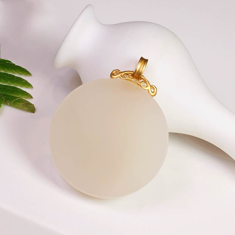 双十二特惠天然和田玉吊坠女a货藕粉白玉圆牌镶嵌18k金项链送老婆