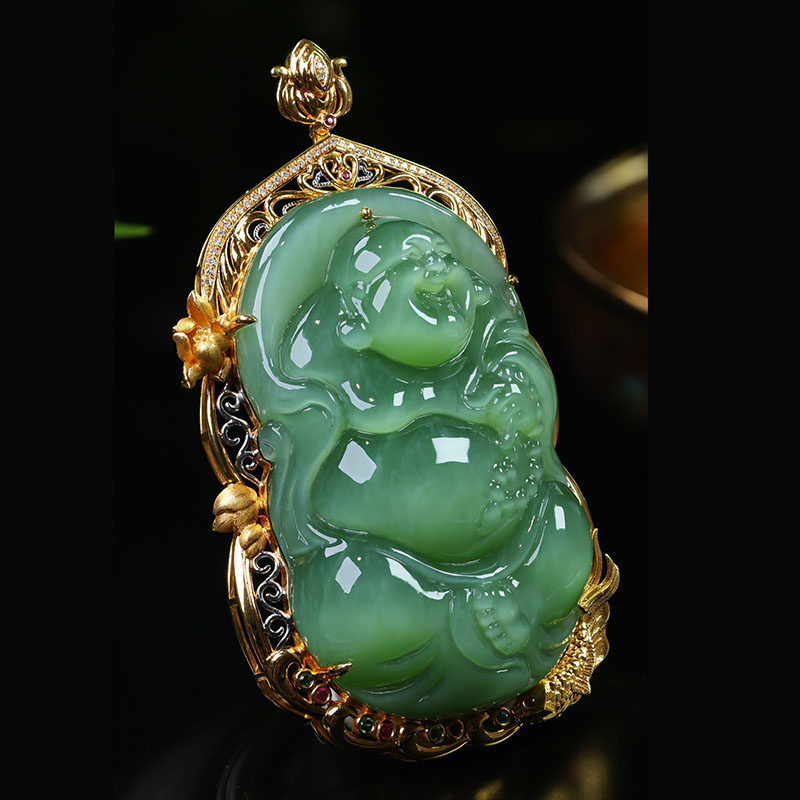 春夏季礼物天然和田玉逍遥佛吊坠女猫眼碧玉弥勒佛镶嵌18k金挂件