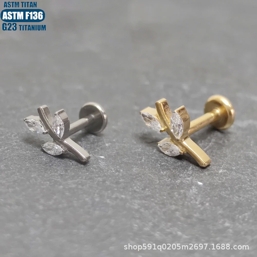 G23钛花形唇钉螺旋穿孔镶钻内牙螺纹小耳钉耳环穿刺饰品唇环唇饰