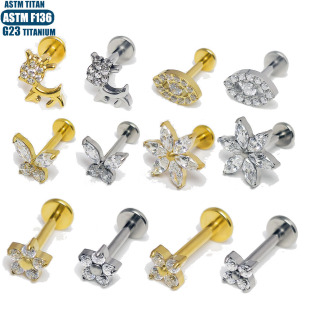 F136钛合金锆石唇钉蝴蝶小鹿形内螺旋隔膜耳屏穿孔耳环眼睛耳骨环