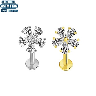 F136钛合金五叶草锆石唇环镶钻内牙螺纹穿刺饰品耳屏穿孔耳钉唇