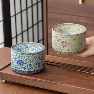 汝窑青花带盖防飞灰烟灰缸复古茶渣缸高档办公前台陶瓷漏斗式烟缸
