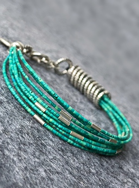 ZM Original原创设计天然绿松石多层手链925纯银纯多圈绿色手链女