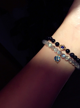 Z M Original 原创设计天然灰月光石拉长石 蓝砂石双圈手链女手串