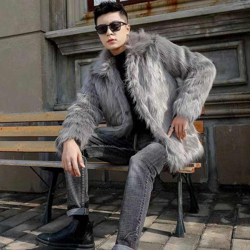2024 새로운 가을 겨울 남성 모조 여우 모피 코트 유행 짧은 옷깃 두꺼운 따뜻한 모피 코트