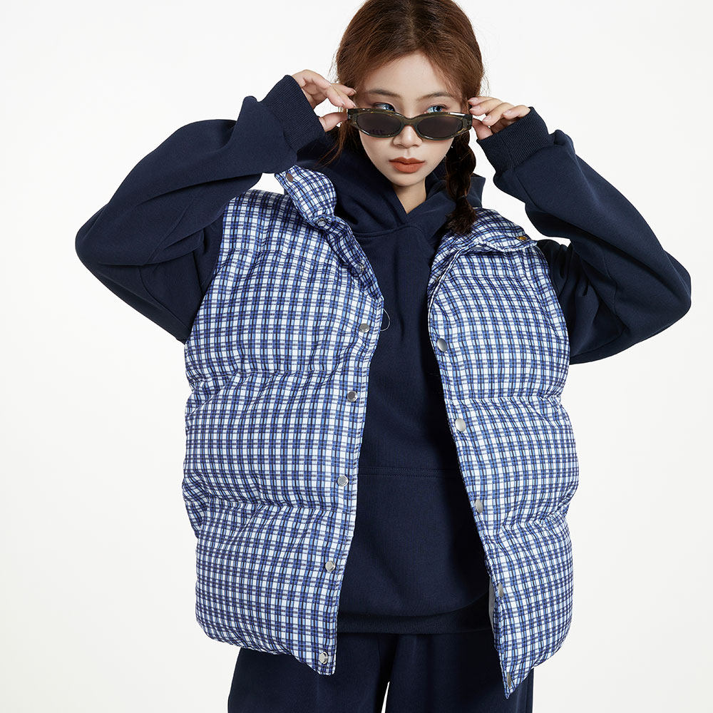 宅女同款坎肩背心马甲卫衣套装2024秋冬新款蓝色格子棉服马夹外套