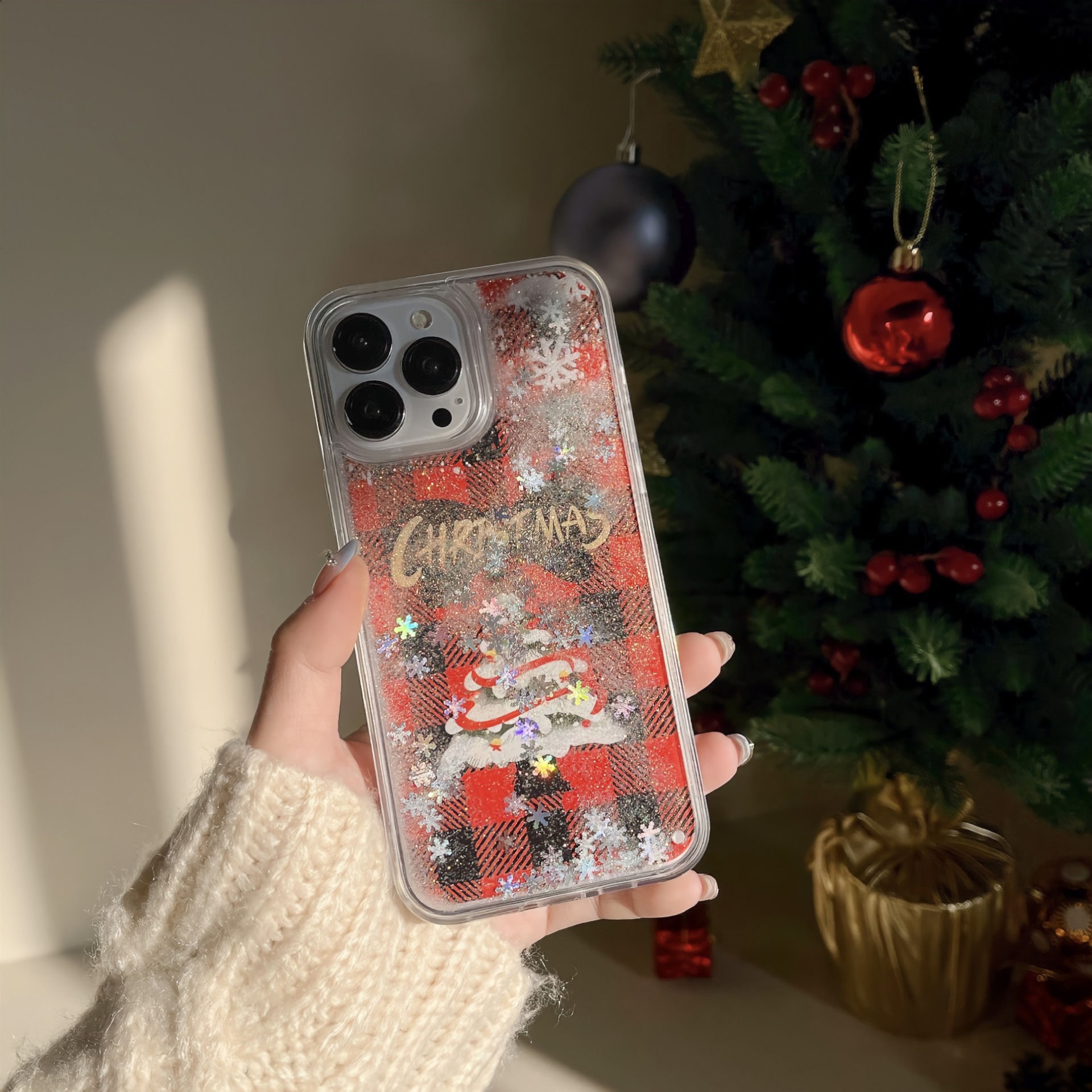 创意红格纹雪花圣诞树流沙适用iphone14Promax苹果13/15手机壳12Pro防摔11