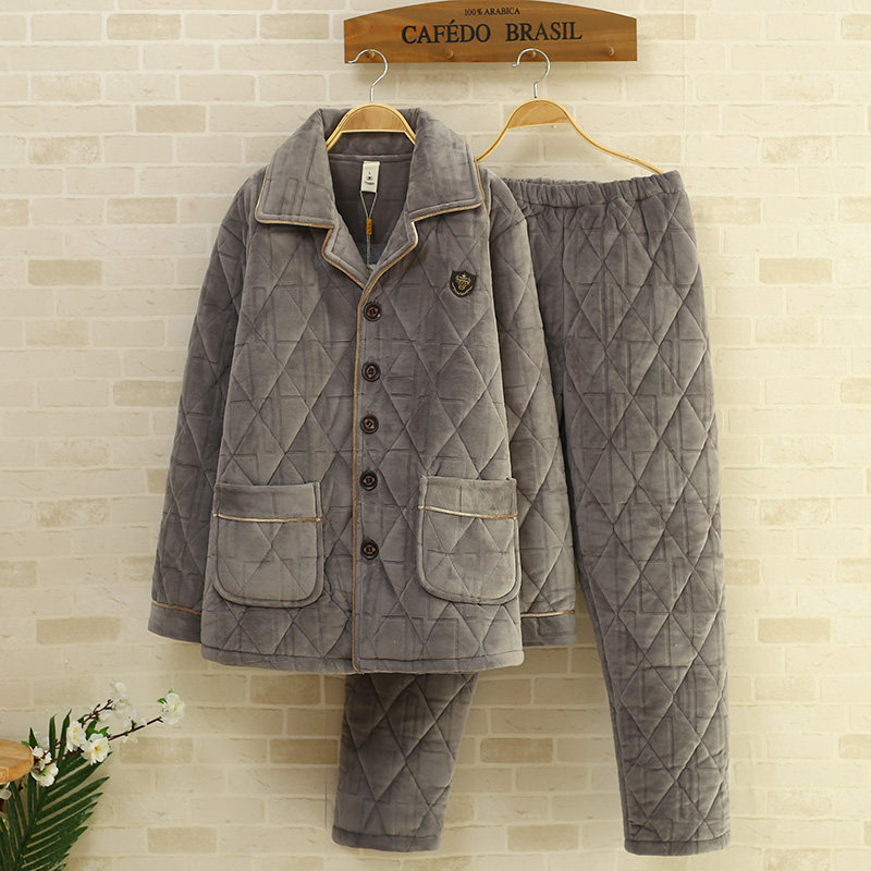 秋冬季珊瑚绒男士睡衣三层加厚加绒法兰绒男款送人冬天保暖套装