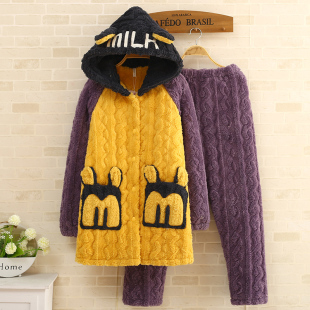 珊瑚绒睡衣女秋冬季三层加厚可爱长款连帽子保暖夹棉法兰家居服套