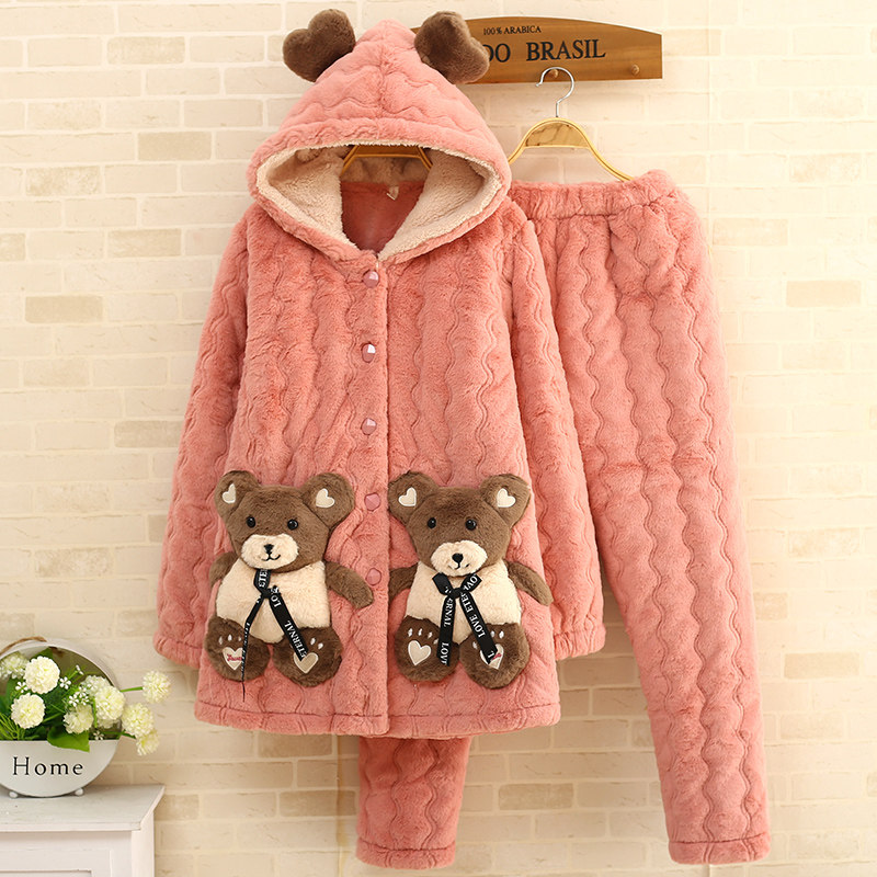 女款冬季棉睡衣三层加厚加绒保暖可爱卡通小熊珊瑚绒加长家居服套,女士内衣/男士内衣/家居服,睡衣/家居服套装,淘宝优惠券,粉丝福利购,淘宝优惠卷