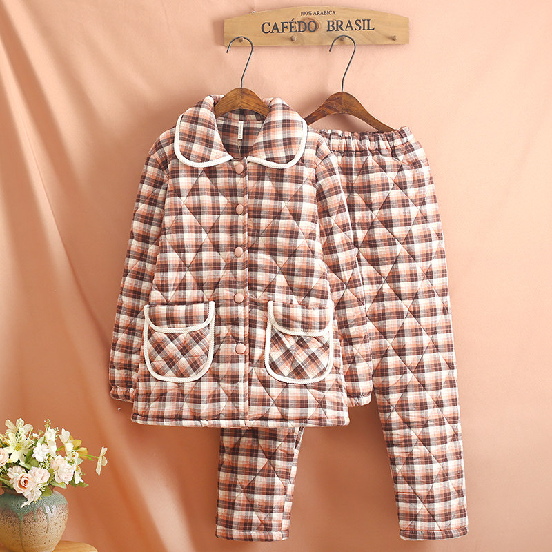 色织格夹棉睡衣女款冬天三层加厚纯棉布加绒保暖格子中年家居服套