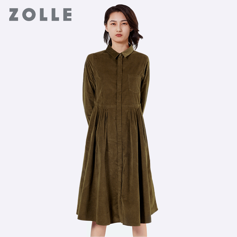 ZOLLE因为秋季新款纯色简约加厚连衣裙中长款翻领显瘦外套女裙子