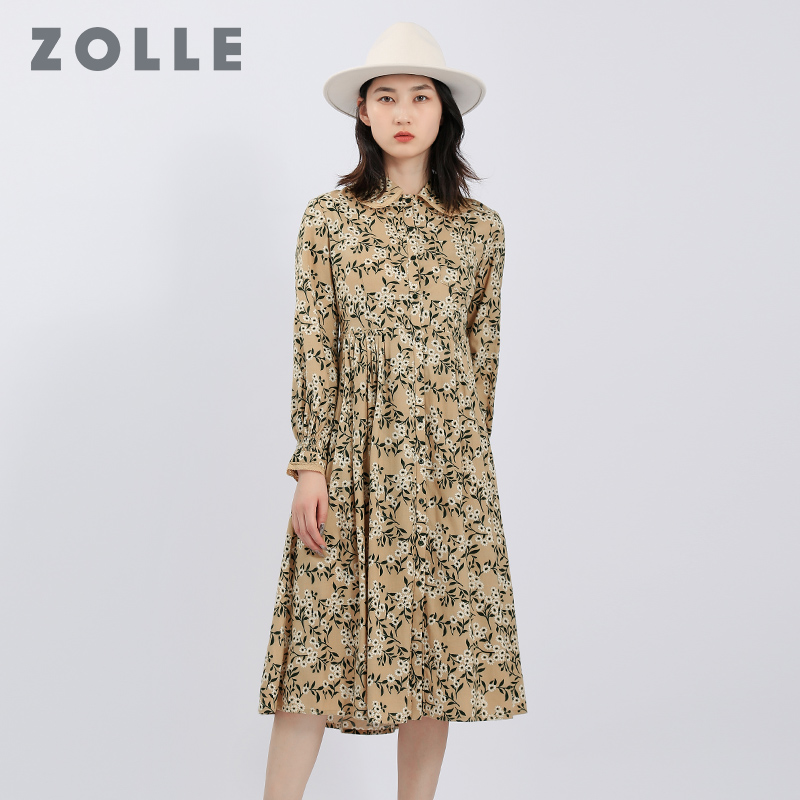ZOLLE因为秋冬新款中长款碎花连衣裙时尚显瘦POLO领衬衫裙打底裙