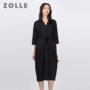 ZOLLE因为夏季新款纯棉简约连衣裙中长款纯色V领显瘦系带女裙子
