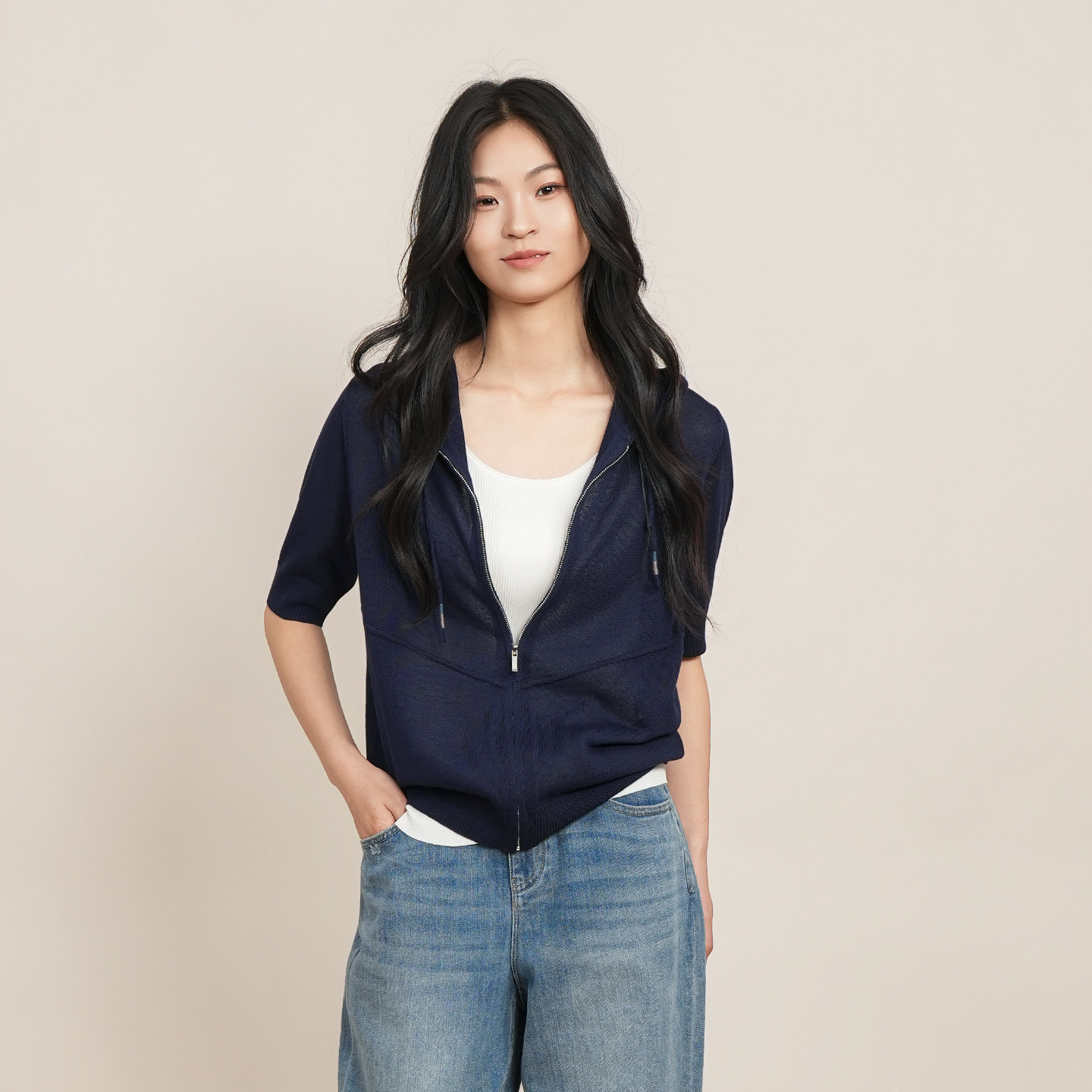 深蓝连帽拉链短袖女针织衫图片