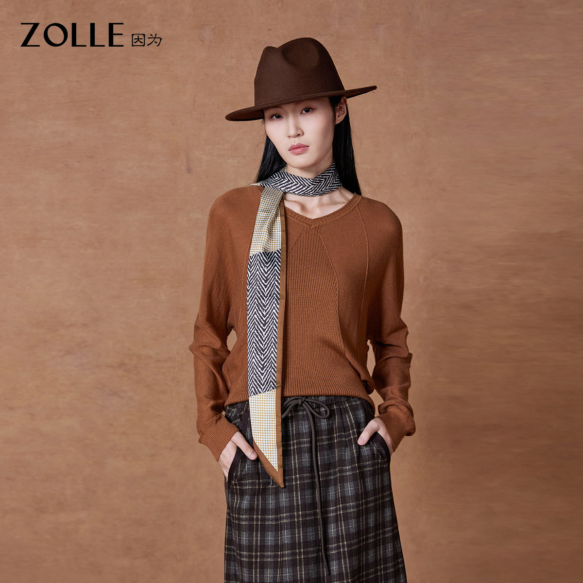 【羊毛精选】ZOLLE因为宽松拼接V领廓形剪裁套头毛衫26春