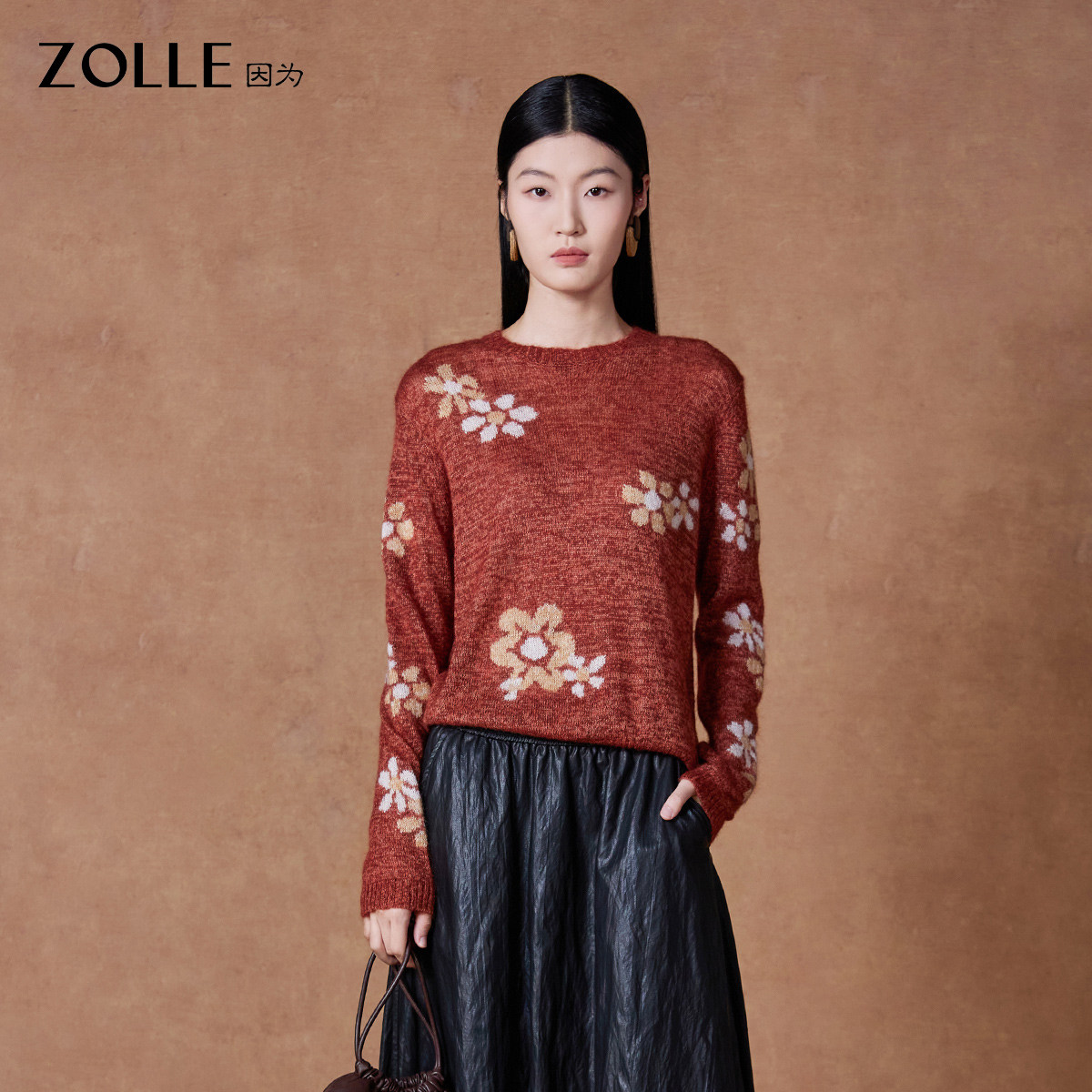 【羊毛精选】ZOLLE因为花卉花型宽松亲肤舒适羊毛套头毛衫26春