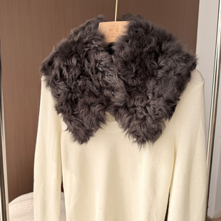 羊羔毛皮毛一体真毛大翻领磁铁吸扣真羊卷毛围巾保暖披肩纯色围巾