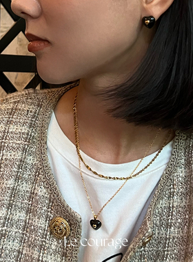 Lecourage黑色珐琅爱心项链耳环