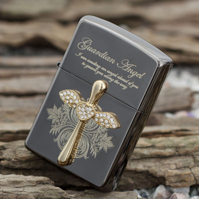 ZIPPO原装正品打火机 黑冰金色镶钻 天使十字架 专柜正版 限量ZP