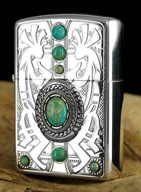 ZIPPO原装正品打火机 印第安绿松石镶嵌 盔甲 镀银丰收图腾 正版