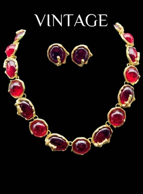 中古Vintage复古重工气质高品质琉璃高级感项链耳饰网红个性套装