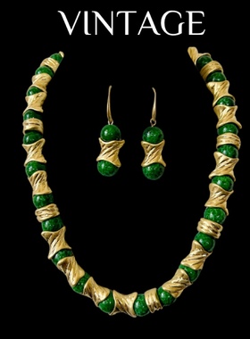 中古Vintage重工气质绿蛙皮老料子琉璃项链手链耳饰套装高级轻奢