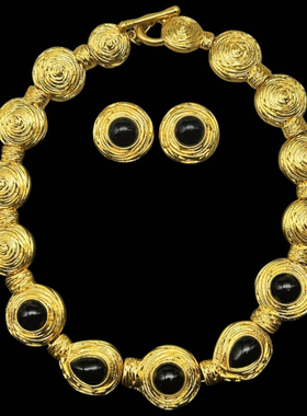 中古Vintage复古宫廷风重工黑金撞色气质时尚高级感项链耳钉套装